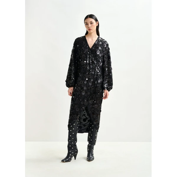 Essentiel Antwerp Black sequin-embellished wrap midi dress - Essentiel Antwerp Dresses - Colorful Belgian Design - Shop at Luxury Shoes 