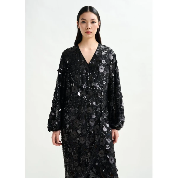Essentiel Antwerp Black sequin-embellished wrap midi dress - Essentiel Antwerp Dresses - Colorful Belgian Design - Shop at Luxury Shoes 