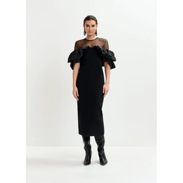 Essentiel Antwerp Black sheer yoke midi dress with sculptural ruffles - Essentiel Antwerp Dresses - Colorful Belgian Design - Shop at Luxury Shoes 