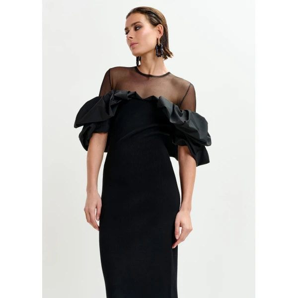 Essentiel Antwerp Black sheer yoke midi dress with sculptural ruffles - Essentiel Antwerp Dresses - Colorful Belgian Design - Shop at Luxury Shoes 