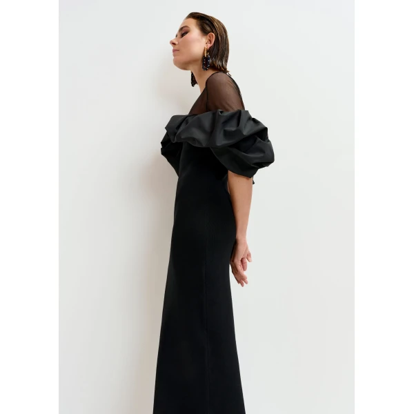 Essentiel Antwerp Black sheer yoke midi dress with sculptural ruffles - Essentiel Antwerp Dresses - Colorful Belgian Design - Shop at Luxury Shoes 