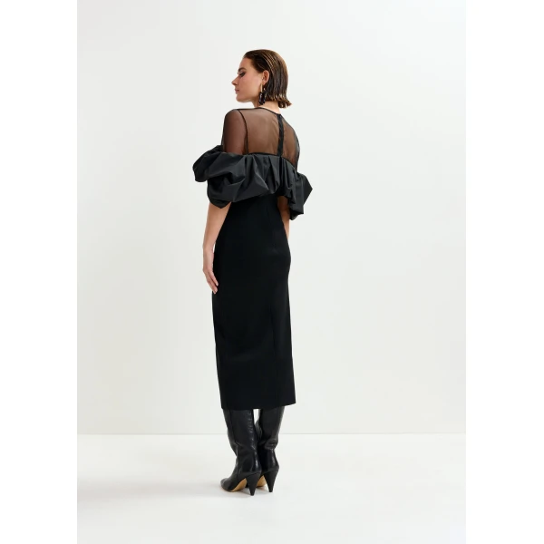 Essentiel Antwerp Black sheer yoke midi dress with sculptural ruffles - Essentiel Antwerp Dresses - Colorful Belgian Design - Shop at Luxury Shoes 
