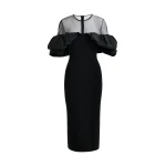 Essentiel Antwerp Black sheer yoke midi dress with sculptural ruffles - Essentiel Antwerp Dresses - Colorful Belgian Design - Shop at Luxury Shoes 