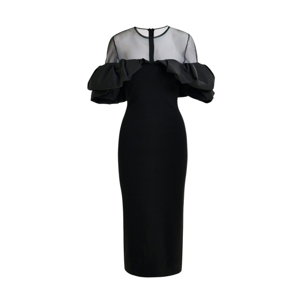 Essentiel Antwerp Black sheer yoke midi dress with sculptural ruffles - Essentiel Antwerp Dresses - Colorful Belgian Design - Shop at Luxury Shoes 