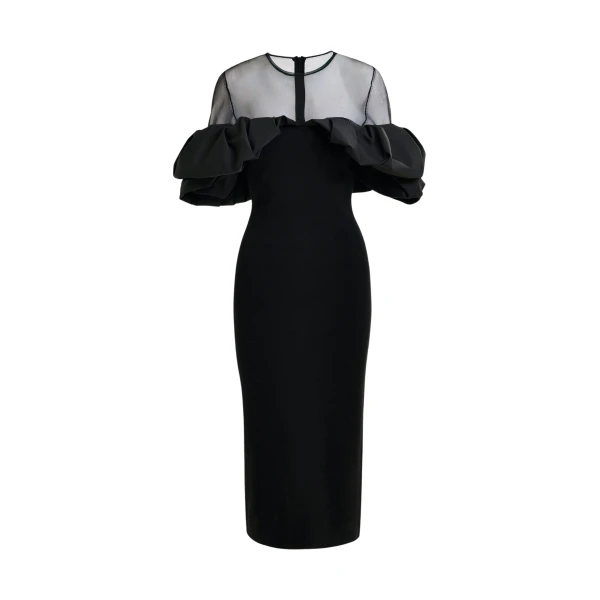 Essentiel Antwerp Black sheer yoke midi dress with sculptural ruffles - Essentiel Antwerp Dresses - Colorful Belgian Design - Shop at Luxury Shoes 