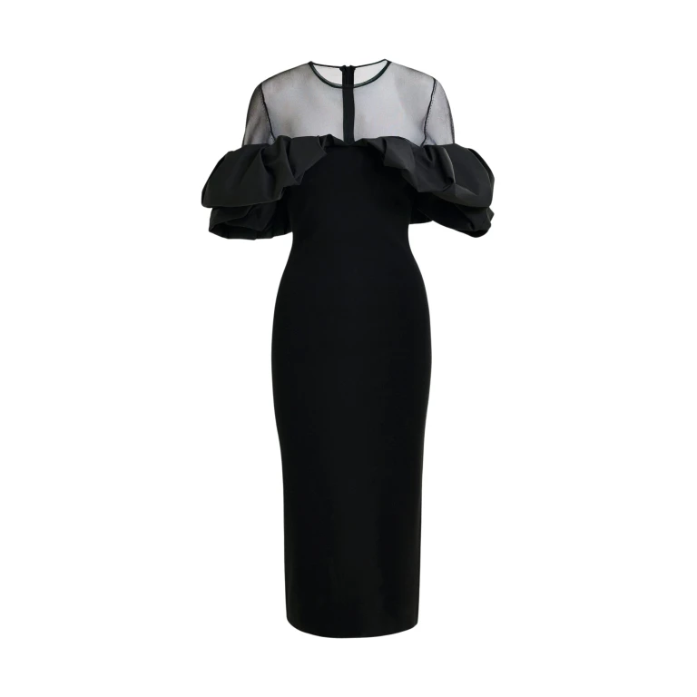 Essentiel Antwerp Black sheer yoke midi dress with sculptural ruffles - Essentiel Antwerp Dresses - Colorful Belgian Design - Shop at Luxury Shoes 