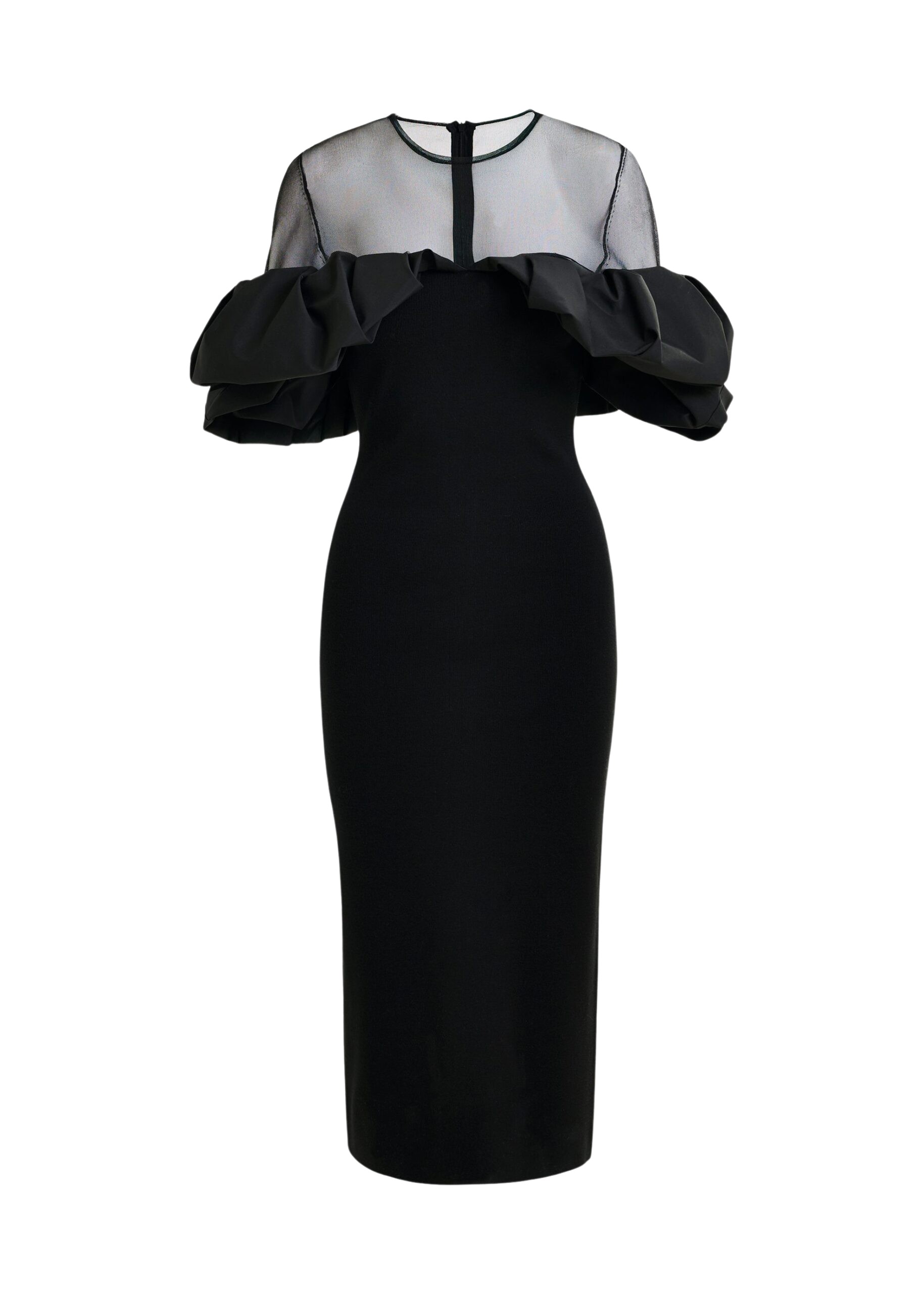 Essentiel Antwerp Black sheer yoke midi dress with sculptural ruffles
