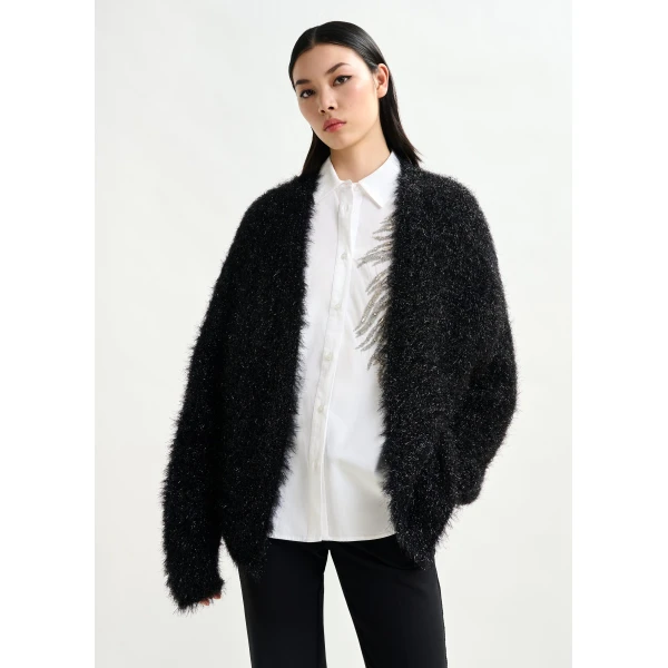 Essentiel Antwerp Black textured cardigan with metallic finish - Essentiel Antwerp Knitwear - Colorful Belgian Design - Shop at Luxury Shoes 