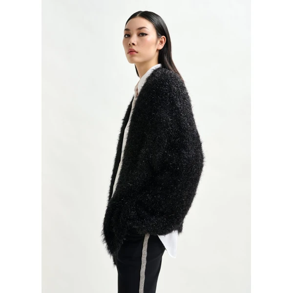 Essentiel Antwerp Black textured cardigan with metallic finish - Essentiel Antwerp Knitwear - Colorful Belgian Design - Shop at Luxury Shoes 