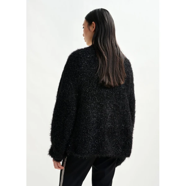 Essentiel Antwerp Black textured cardigan with metallic finish - Essentiel Antwerp Knitwear - Colorful Belgian Design - Shop at Luxury Shoes 