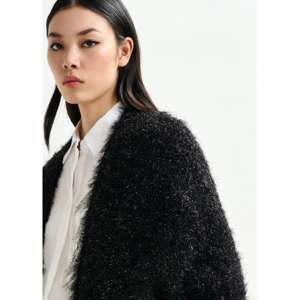 Essentiel Antwerp Black textured cardigan with metallic finish - Essentiel Antwerp Knitwear - Colorful Belgian Design - Shop at Luxury Shoes 