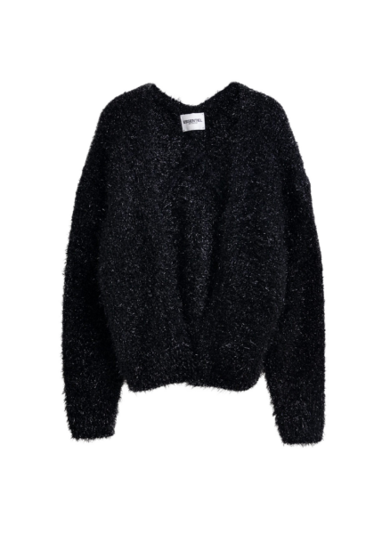 Essentiel Antwerp Black textured cardigan with metallic finish - Essentiel Antwerp Knitwear - Colorful Belgian Design - Shop at Luxury Shoes 
