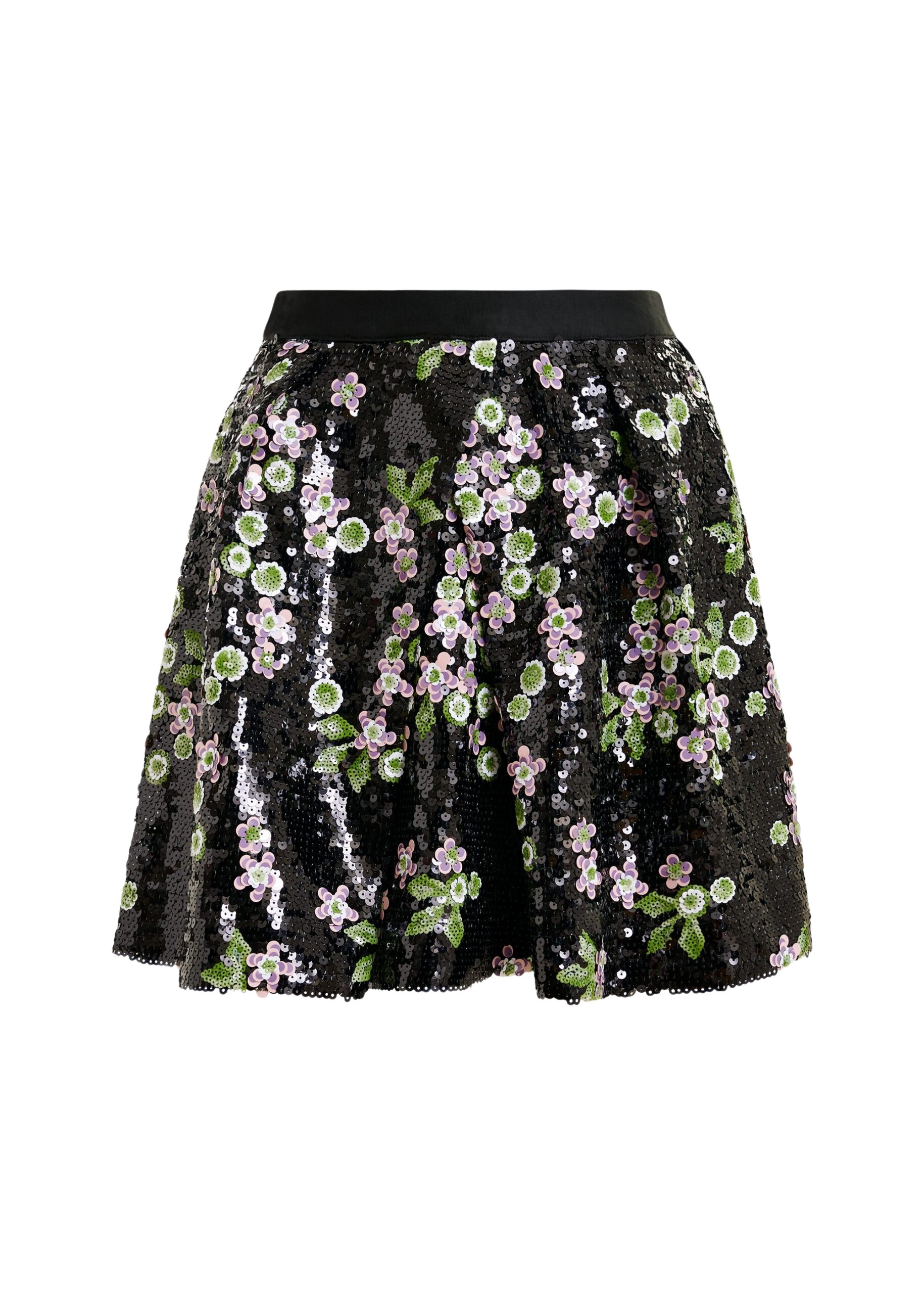 Essentiel Antwerp Black tulip-shape mini skirt with green and pink sequin embellishments - Essentiel Antwerp Skirts - Colorful Belgian Design - Shop at Luxury Shoes 