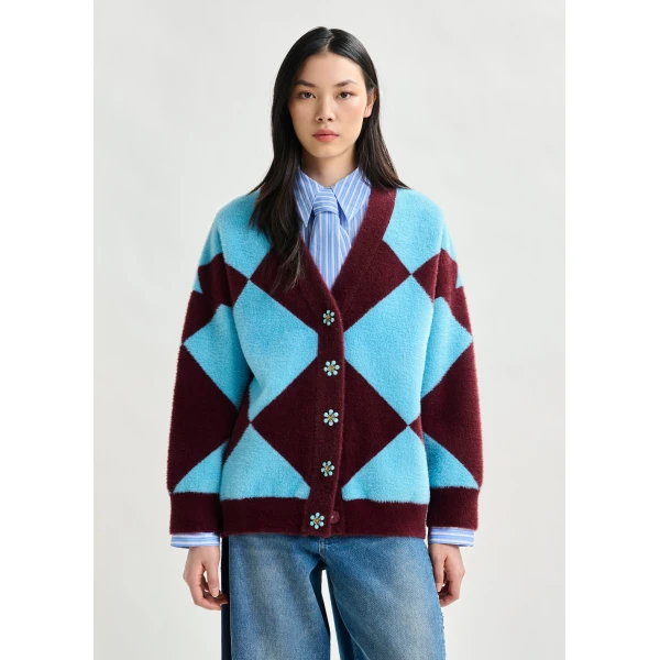 Essentiel Antwerp Blue and burgundy harlequin-patterned knit cardigan with flower-shaped buttons - Essentiel Antwerp Knitwear - Colorful Belgian Design - Shop at Luxury Shoes 