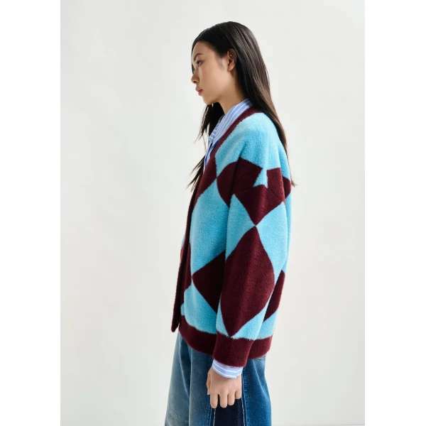 Essentiel Antwerp Blue and burgundy harlequin-patterned knit cardigan with flower-shaped buttons - Essentiel Antwerp Knitwear - Colorful Belgian Design - Shop at Luxury Shoes 