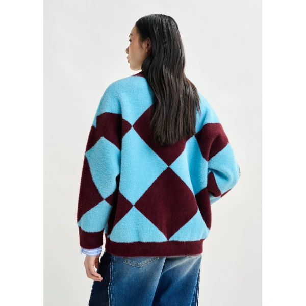 Essentiel Antwerp Blue and burgundy harlequin-patterned knit cardigan with flower-shaped buttons - Essentiel Antwerp Knitwear - Colorful Belgian Design - Shop at Luxury Shoes 