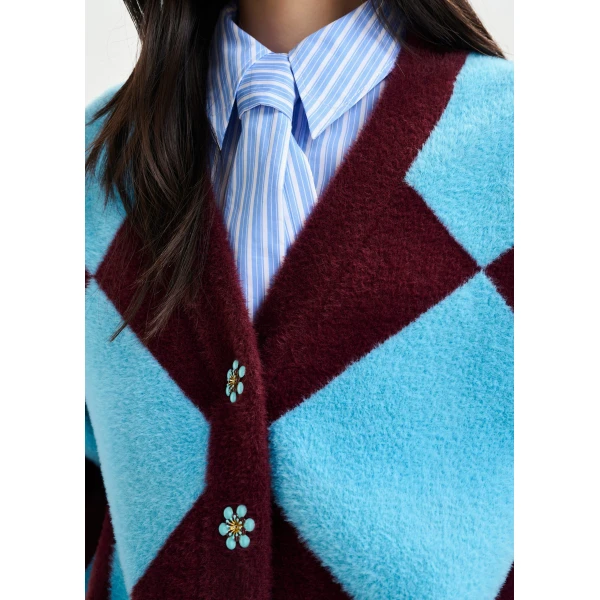 Essentiel Antwerp Blue and burgundy harlequin-patterned knit cardigan with flower-shaped buttons - Essentiel Antwerp Knitwear - Colorful Belgian Design - Shop at Luxury Shoes 