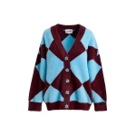 Essentiel Antwerp Blue and burgundy harlequin-patterned knit cardigan with flower-shaped buttons - Essentiel Antwerp Knitwear - Colorful Belgian Design - Shop at Luxury Shoes 