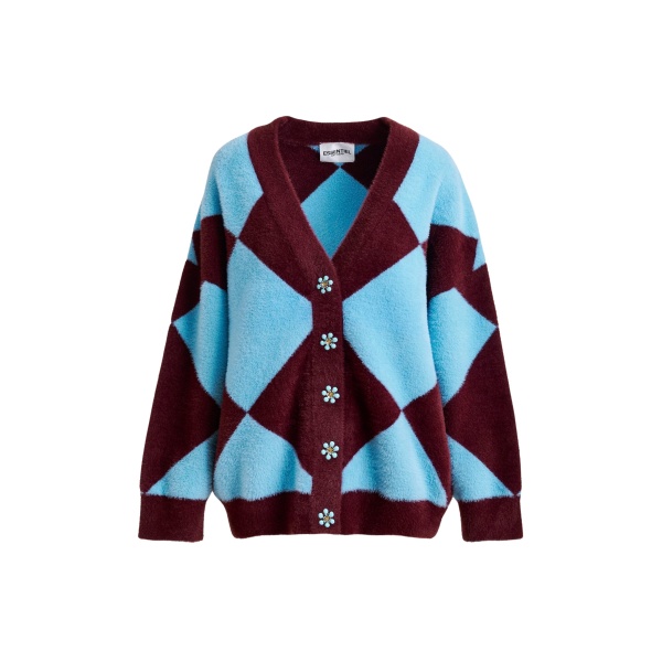 Essentiel Antwerp Blue and burgundy harlequin-patterned knit cardigan with flower-shaped buttons - Essentiel Antwerp Knitwear - Colorful Belgian Design - Shop at Luxury Shoes 