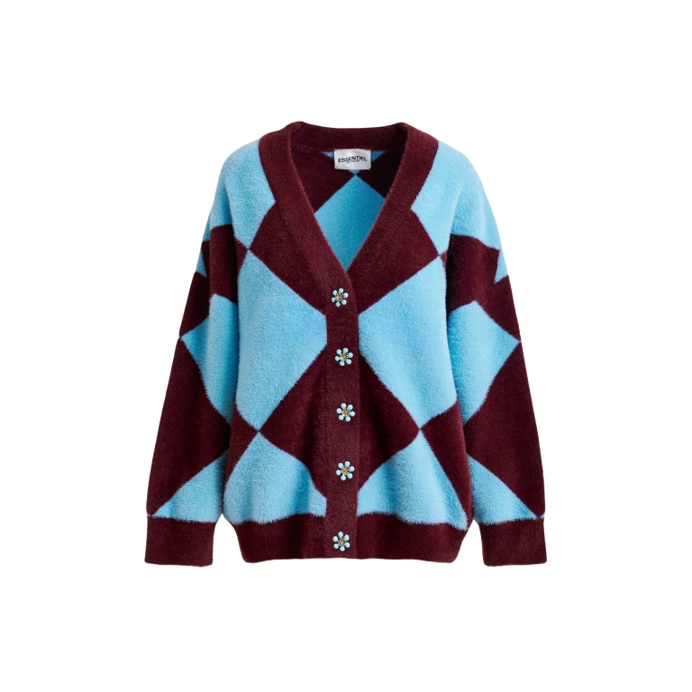 Essentiel Antwerp Blue and burgundy harlequin-patterned knit cardigan with flower-shaped buttons - Essentiel Antwerp Knitwear - Colorful Belgian Design - Shop at Luxury Shoes 