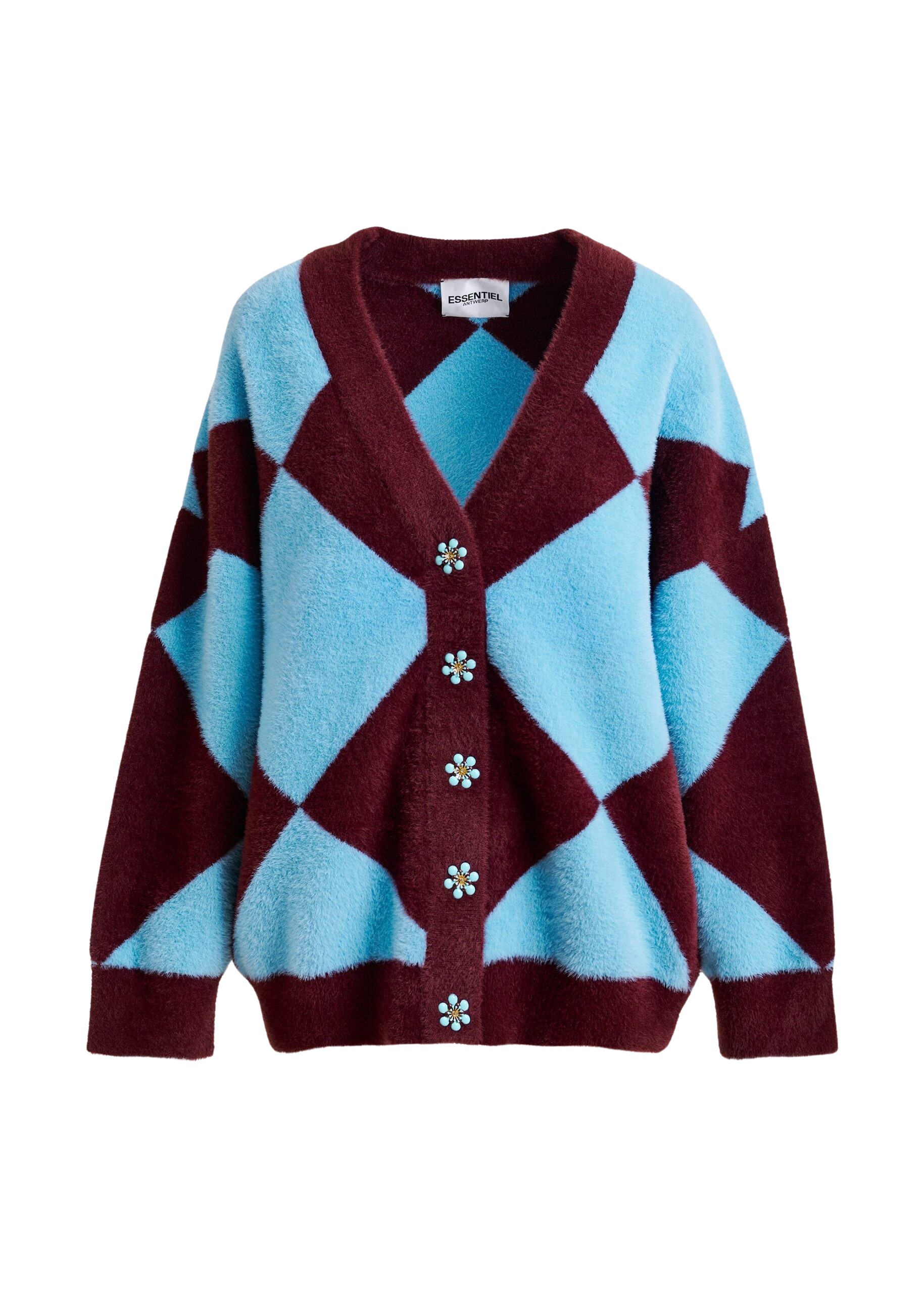 Essentiel Antwerp Blue and burgundy harlequin-patterned knit cardigan with flower-shaped buttons