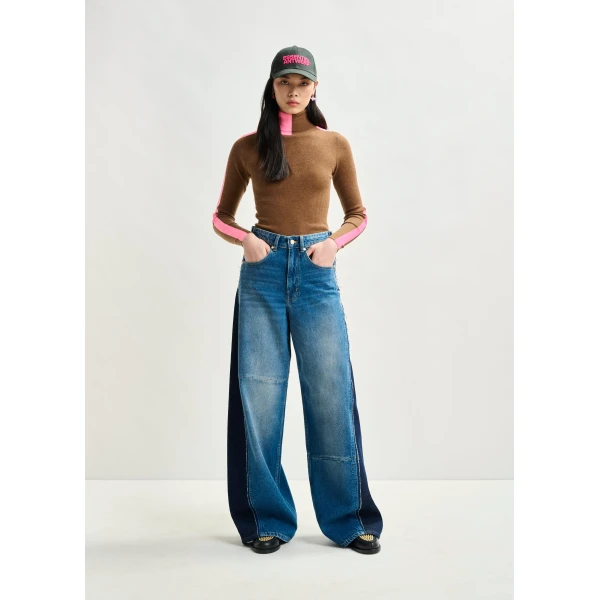 Essentiel Antwerp Blue and dark blue wide-leg contrast panel jeans - Essentiel Antwerp Pants - Colorful Belgian Design - Shop at Luxury Shoes 