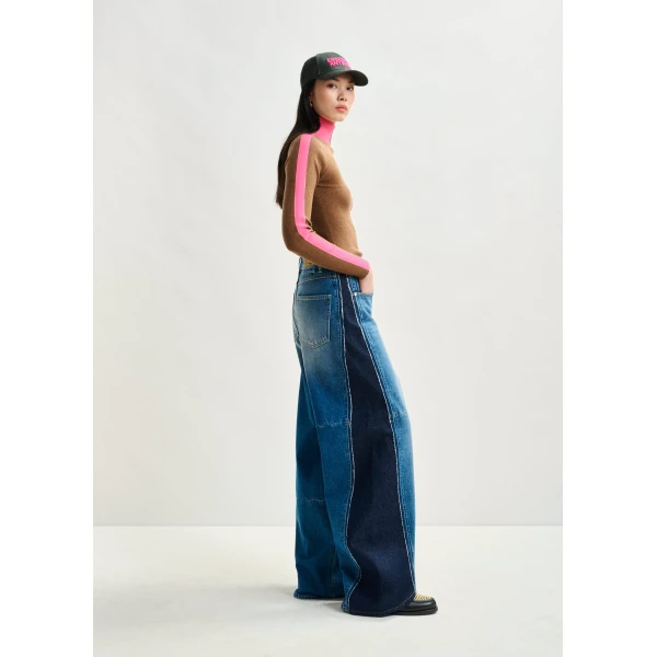 Essentiel Antwerp Blue and dark blue wide-leg contrast panel jeans - Essentiel Antwerp Pants - Colorful Belgian Design - Shop at Luxury Shoes 
