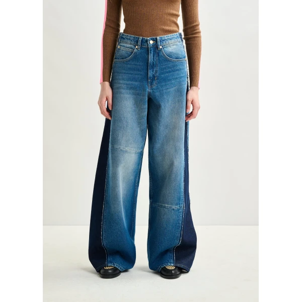 Essentiel Antwerp Blue and dark blue wide-leg contrast panel jeans - Essentiel Antwerp Pants - Colorful Belgian Design - Shop at Luxury Shoes 