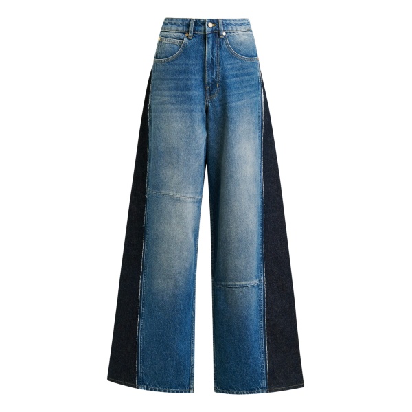 Essentiel Antwerp Blue and dark blue wide-leg contrast panel jeans - Essentiel Antwerp Pants - Colorful Belgian Design - Shop at Luxury Shoes 