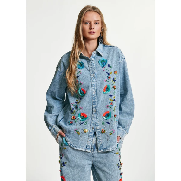 Essentiel Antwerp Blue and multicolor denim shirt with sequin flower embellishments - Essentiel Antwerp Shirts - Colorful Belgian Design - Shop at Luxury Shoes 