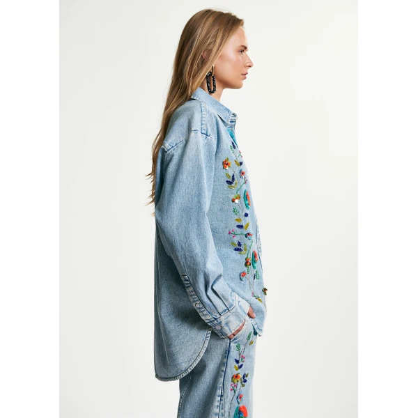 Essentiel Antwerp Blue and multicolor denim shirt with sequin flower embellishments - Essentiel Antwerp Shirts - Colorful Belgian Design - Shop at Luxury Shoes 