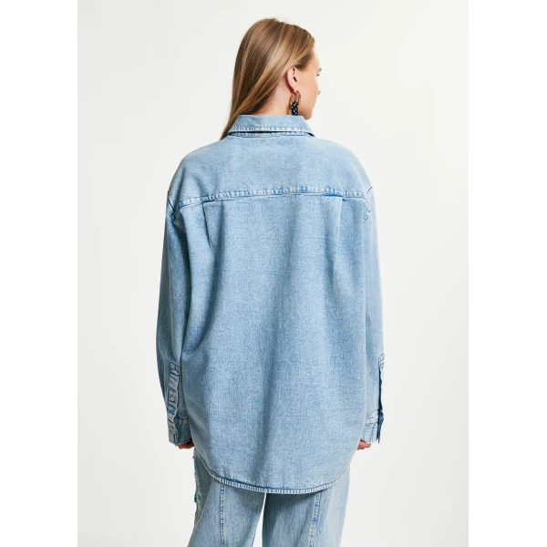 Essentiel Antwerp Blue and multicolor denim shirt with sequin flower embellishments - Essentiel Antwerp Shirts - Colorful Belgian Design - Shop at Luxury Shoes 