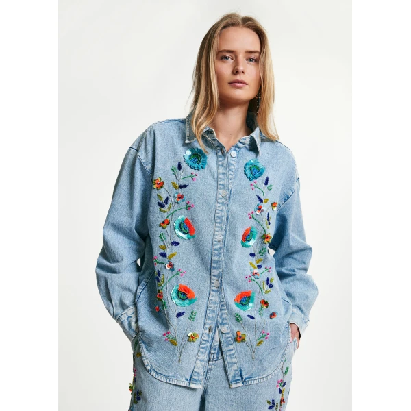 Essentiel Antwerp Blue and multicolor denim shirt with sequin flower embellishments - Essentiel Antwerp Shirts - Colorful Belgian Design - Shop at Luxury Shoes 