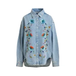 Essentiel Antwerp Blue and multicolor denim shirt with sequin flower embellishments - Essentiel Antwerp Shirts - Colorful Belgian Design - Shop at Luxury Shoes 