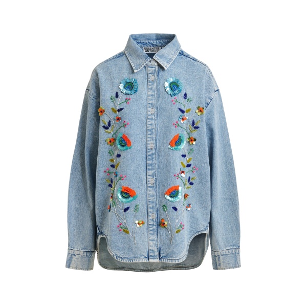 Essentiel Antwerp Blue and multicolor denim shirt with sequin flower embellishments - Essentiel Antwerp Shirts - Colorful Belgian Design - Shop at Luxury Shoes 