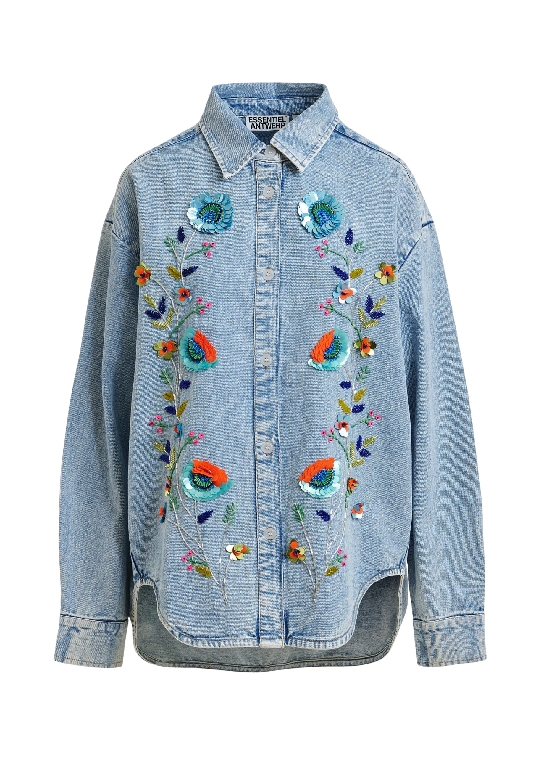 Essentiel Antwerp Blue and multicolor denim shirt with sequin flower embellishments