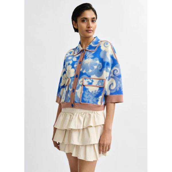 Essentiel Antwerp Blue and off-white floral-print knit cardigan with brown contrasting trims - Essentiel Antwerp Knitwear - Colorful Belgian Design - Shop at Luxury Shoes 