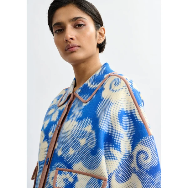 Essentiel Antwerp Blue and off-white floral-print knit cardigan with brown contrasting trims - Essentiel Antwerp Knitwear - Colorful Belgian Design - Shop at Luxury Shoes 