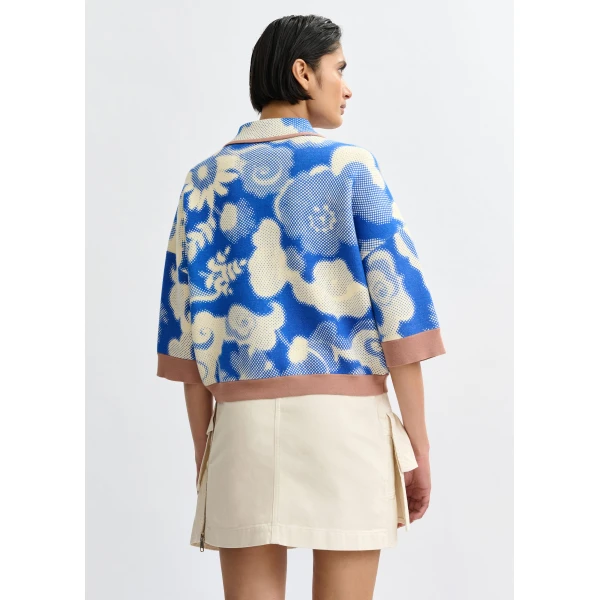Essentiel Antwerp Blue and off-white floral-print knit cardigan with brown contrasting trims - Essentiel Antwerp Knitwear - Colorful Belgian Design - Shop at Luxury Shoes 