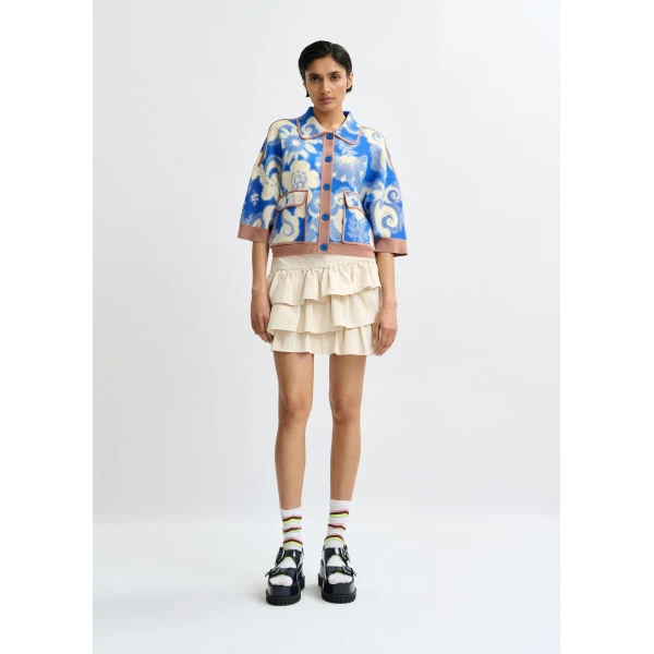 Essentiel Antwerp Blue and off-white floral-print knit cardigan with brown contrasting trims - Essentiel Antwerp Knitwear - Colorful Belgian Design - Shop at Luxury Shoes 