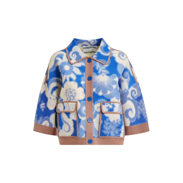Essentiel Antwerp Blue and off-white floral-print knit cardigan with brown contrasting trims - Essentiel Antwerp Knitwear - Colorful Belgian Design - Shop at Luxury Shoes 