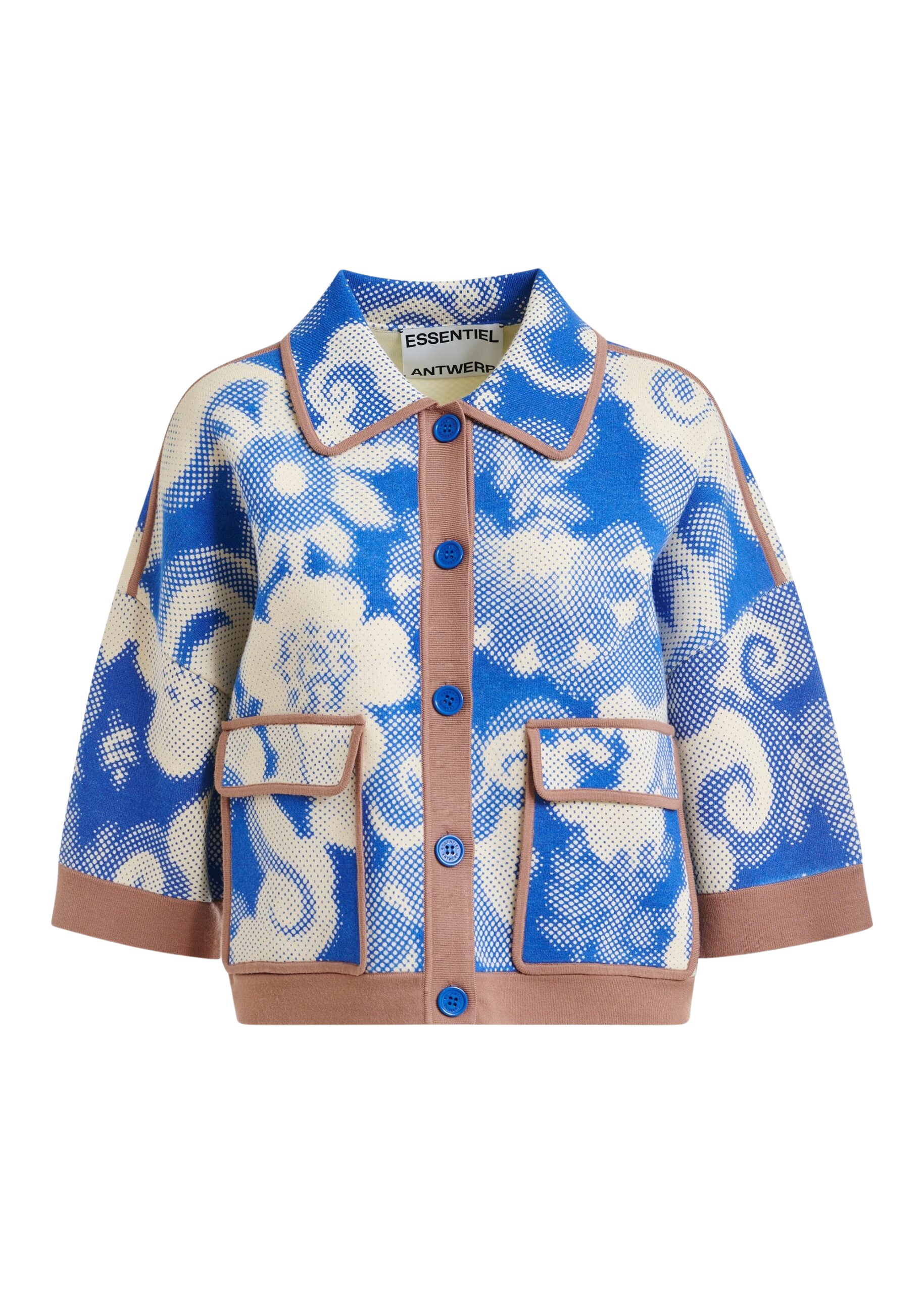 Essentiel Antwerp Blue and off-white floral-print knit cardigan with brown contrasting trims
