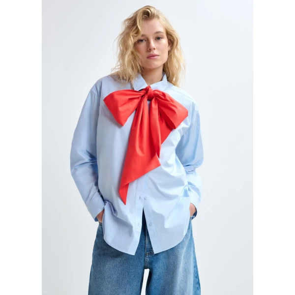 Essentiel Antwerp Blue and red cotton shirt with removable bow tie - Essentiel Antwerp Shirts - Colorful Belgian Design - Shop at Luxury Shoes 