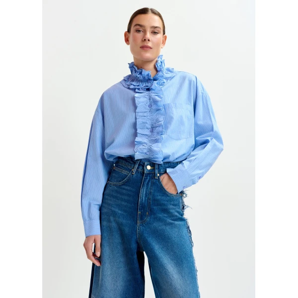 Essentiel Antwerp Blue and white oversized striped cotton shirt with ruffle details - Essentiel Antwerp Shirts - Colorful Belgian Design - Shop at Luxury Shoes 