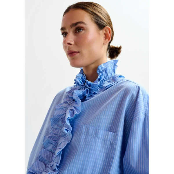 Essentiel Antwerp Blue and white oversized striped cotton shirt with ruffle details - Essentiel Antwerp Shirts - Colorful Belgian Design - Shop at Luxury Shoes 