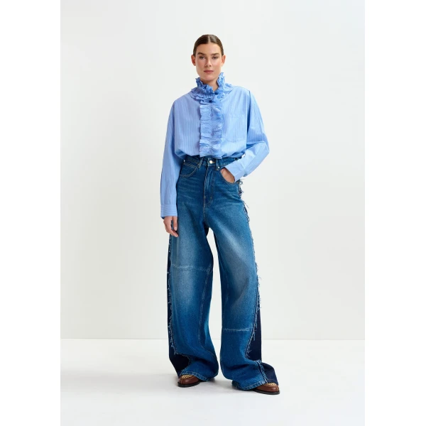 Essentiel Antwerp Blue and white oversized striped cotton shirt with ruffle details - Essentiel Antwerp Shirts - Colorful Belgian Design - Shop at Luxury Shoes 