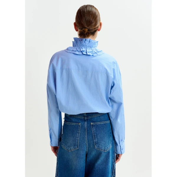 Essentiel Antwerp Blue and white oversized striped cotton shirt with ruffle details - Essentiel Antwerp Shirts - Colorful Belgian Design - Shop at Luxury Shoes 