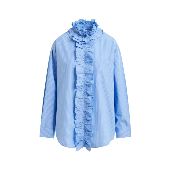 Essentiel Antwerp Blue and white oversized striped cotton shirt with ruffle details - Essentiel Antwerp Shirts - Colorful Belgian Design - Shop at Luxury Shoes 