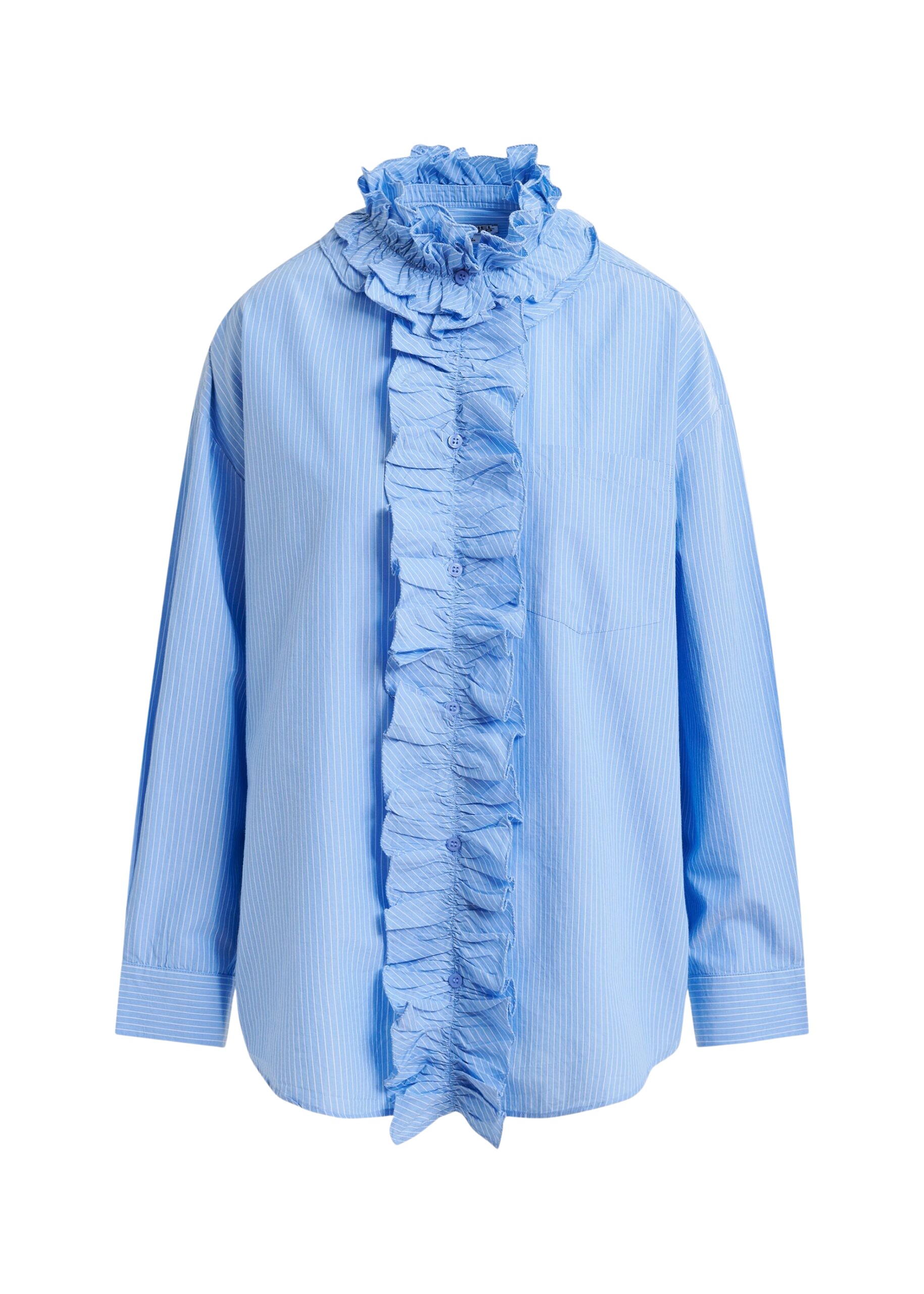 Essentiel Antwerp Blue and white oversized striped cotton shirt with ruffle details