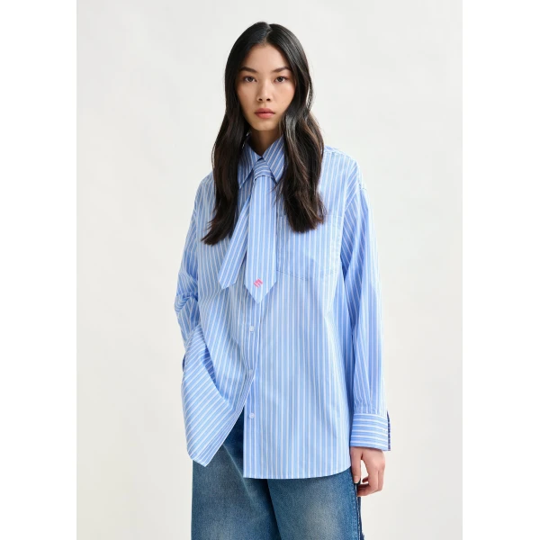 Essentiel Antwerp Blue and white striped shirt with removable tie - Essentiel Antwerp Shirts - Colorful Belgian Design - Shop at Luxury Shoes 